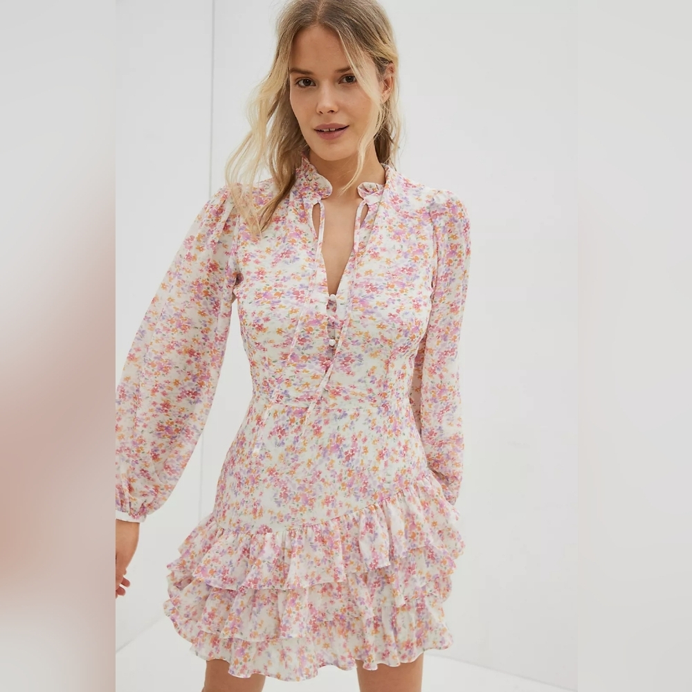 Yumi Kim Jenna White Floral Ruffle Long-Sleeve Mini Dress Size Xs